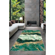 TeknoKapsül Pelangi Yeşil Mermer Desenli Yıkanabilir Kaymaz Taban Leke Tutmaz Modern Salon Halısı ve Yolluk, Yeşil-Gold 160 x 240