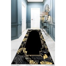 TeknoKapsül Pelangi Tropikal Yaprak Çerçeveli Dijital Baskı Yıkanabilir Kaymaz Taban Klasik Salon Halısı ve Yolluk, Siyah-Gold 80 x 600, 9555253110806007
