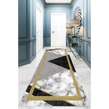 TeknoKapsül Pelangi Gold Çerçeveli Mermer Desen Dijital Baskı Kaymaz Taban Yıkanabilir Modern Salon Halısı ve Yollu, Siyah-Gri 100 x 400, 955411711004007