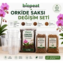 Biopeat Orkide Saksı Değişim Seti 3 Adet Şeffaf Saksı 3 Litre Orkide Toprağı 1 Litre Kil Bilyesi 1 Litre Cocohush ve Blossoming Max