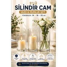 Open Home Concept 3'lü Silindir Cam Vazo Mumluk Seti 14-18-22 cm Şeffaf Dekoratif Masa Salon Vazo Takımı