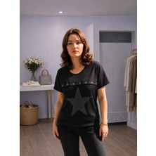 Mare Butik Yıldız Taş Işlemeli Siyah Kadın Tişört 3xl