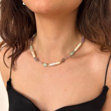 Suerte Accessories Tımbıl Ametist Pembe Kuvars Amazonit Doğal Taş Barok Inci Özel Tasarım Kadın Kolye
