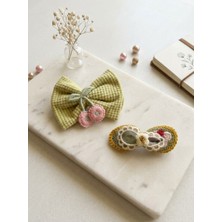 Happy Aksesuar Fiyonk Model Örgü Kiraz ve Çiçek Figürlü Çocuk Pens Toka Seti (7cm)