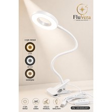 Fluvera USB LED Halka Masa Lambası 3 Renk Işık 360° Esnek Gövde Mandallı Klipsli Çalışma Okuma Makyaj Lambası