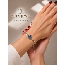 Zeta Jewel 925 Ayar Gümüş Mavi Safir Taşlı Lotus Bileklik Çift Zincirli Yeni Model 18+3 cm Zarif Takı