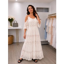 Mare Butik Ekru Omuz Dekolteli Dantel Detaylı Bohem Maxi Elbise