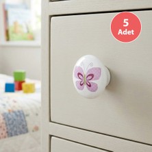 Eym 5 Adet Porselen Düğme Pembe Kelebek Çocuk Odası Kulp