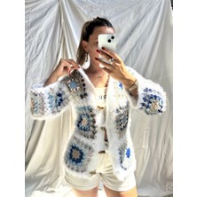 Gözde Tasarım Butik Kadın Beyaz Renk El Örgüsü Renk Bloklu Motifli Tığişi Hırka