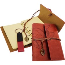 Dekoratif Ahşap Kutulu Kahverengi Deri Defter ve Anahtarlık Set