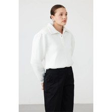 Facette Polo Yaka Zıbınlı Sweatshirt Ekru