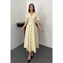 Moda Days Kadın Sarı Midi Boy Düğmeli V Yaka Kısa Kollu Bel Vurgulu Poplin Pamuk Elbise