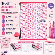 Studi Kalp Çiçek Desenli A4 Spiralli Defter 72 Yaprak Pp Kapak Çizgili Kareli 1 Adet