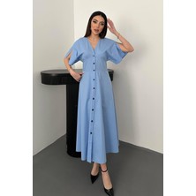 Moda Days Kadın Mavi Midi Boy Düğmeli V Yaka Kısa Kollu Bel Vurgulu Poplin Pamuk Elbise