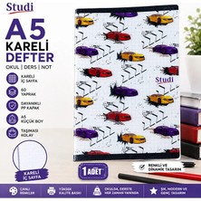 Studi 60 Yaprak A5 Kareli Defter – Renkli Spor Araba Desenli Pp Kapak Öğrenci Defteri