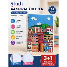 Studi 120 Yaprak A4 3+1 Spiralli Defter – 3 Kareli 1 Çizgili Desenli Okul Defteri