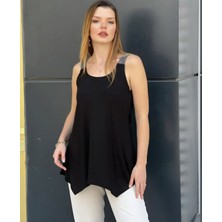 Mare Butik Siyah Parlak Taş Askılı Viskon Salaş Bluz M