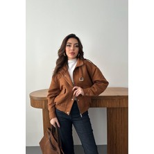 Moda Days Kadın Camel Dik Yakalı Kısa Süet Görünümlü Çıtçıtlı Cep Detaylı Ceket