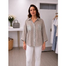Mare Butik Pul Payet Cepli Saf Keten Gömlek Vizon