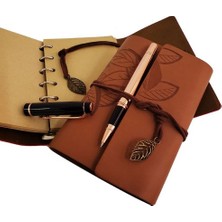 Just Cheap Store Özel Ahşap Kutulu Taba Deri Defter ve Bakır Roller Kalem Set