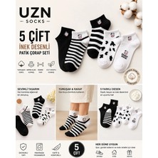 Uzn Socks 5'li Paket Sevimli Inek Figürlü Soket Çorap Seti - Siyah Beyaz Desenli Pamuklu Kadın