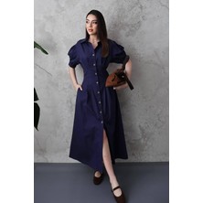 Moda Days Kadın Lacivert Gömlek Yaka Balon Kol Pileli Düğmeli Midi Poplin Elbise