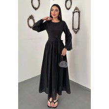 Moda Days Kadın Siyah Uzun Kollu Dantel Manşetli Kuşaklı A Kesim Maxi Elbise