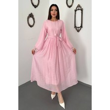 Moda Days Kadın Pembe Uzun Kollu Dantel Manşetli Kuşaklı A Kesim Maxi Elbise