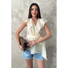 Moda Days Kadın Bluz Kruvaze Yaka Volan Kollu Belden Bağlamalı Sarı