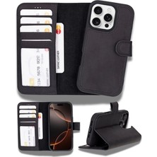 Marsilyan™- Apple iPhone 16 Pro Uyumlu, Hakiki Deri, El Yapımı, Cüzdanlı Kılıf, Mat Siyah