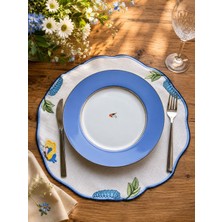 Linoriahome 40X40 cm Gardenya Kumaş Işlemeli Amerikan Servis – Mavi Kenarlı Çiçek & Kelebek Desenli
