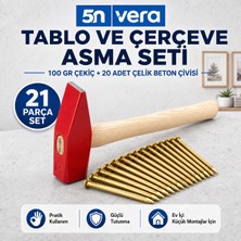 5N Vera Tablo ve Çerçeve Asma Seti – 100 gr Çekiç + 20 Adet Çelik Beton Çivisi | Duvar, Saat, Resim, Ayna ve Dekorasyon Için Montaj Seti