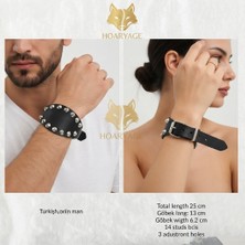 Hoaryage Unisex Hakiki Dana Derisi Gotik Punk Tarzı 14 Zımbalı Geniş Deri Bileklik - Ayarlanabilir Siyah Rocker Takı