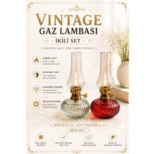 Plant-Home Vintage Gaz Lambası Ikili Set – Dekoratif Nostaljik Cam Gaz Lambası Kırmızı & Şeffaf