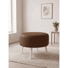 Azra Mobilya Büyük Large Puf Deri Acı Kahve, Ahşap Beyaz Ayaklı Lüks Orta Sehpa ve Makyaj Pufu 60X46 cm