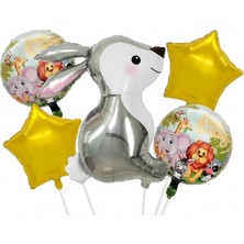 Patladı Gitti 5’li Tavşan Temalı Happy Birthday Folyo Balon Seti – Safari ve Orman Konseptli Parti Süsü