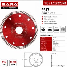 Sara S517 115 mm Turbo Hassas Mermer Kesme Diski – 1,2 × 22,23 Mm, Maksimum 13.200 Rpm