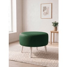 Azra Mobilya Büyük Large Puf Deri Yeşil, Ahşap Beyaz Ayaklı Lüks Orta Sehpa ve Makyaj Pufu 60X46 cm