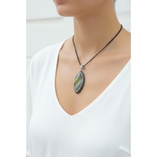 Moda Accessories Oval Nazarlık Zirkon Taşlı Doğal Taş Kolye Ucu Kaplan Gözü