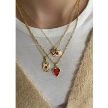 Aksesuaris 3'lü Gold Kırmızı Kalp Charm Love Kolye Set