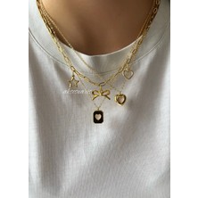 Aksesuaris 3'lü Gold Kalp Yıldız Kurdele Charm Kolye Set