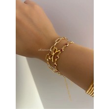 Aksesuaris 2'li Kalp Taşlı Kurdele Gold Kadın Bileklik Kombin Set