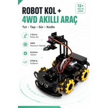 Fuchsia Arduino Robot Kol + 4WD Akıllı Robot Araba Kiti – Mecanum Tekerlekli Programlanabilir STEM Eğitim Seti (Bluetooth + Uygulama Kontrollü)