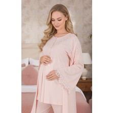 raia  Yeni Sezon Pudra Emzirme Özellikli Ispanyol Kol Tasarım Hamile Lohusa Sabahlık Pijama Takımı 3'lü Set
