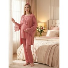 raia  Yeni Sezon Nar Çiçeği Yazlık Şık Dantel Detaylı Tasarım Kısa Kollu Düğmeli Hamile Lohusa Sabahlık Pijama Takımı Seti