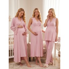 raia  Yeni Sezon Pembe Şal Yaka Dantel Detaylı Yazlık Özel Tasarım Emzirme Özellikli %100 Pamuk Hamile Sabahlık Pijama Takımı Gecelik Lohusa Seti