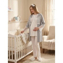 raia  Yeni Sezon Gri Ekru Yazlık Dantelli Puantiyeli Kısa Kol Düğmeli Hamile Sabahlık Pijama Takım Seti