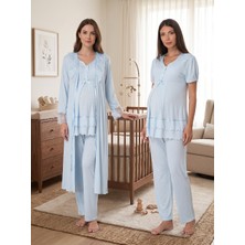 raia  Mavi Kısa Kollu Lohusa Hamile Sabahlıklı Pijama Takımı