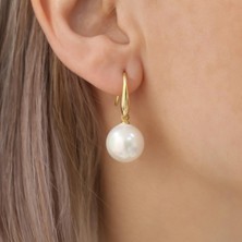 Nox Jewelry 14 Ayar Altın Kaplama Yuvarlak Beyaz Tatlı Su İncili Sallantılı Gümüş Küpe- EP00101
