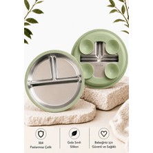 Myra Shop 304 Paslanmaz Çelik Vakumlu Bebek Tabak, 3 Bölmeli Silikon Kaplamalı, Yeşil